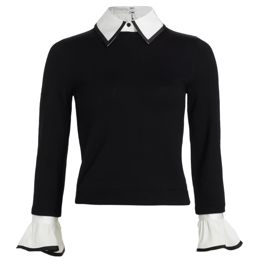 Alice + Olivia Black Sweater with White Contrast Collar and Cuff Details